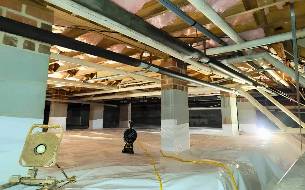 A crawlspace vapor barrier after installation