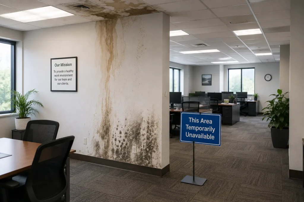 Significant mold growth on an office wall and ceiling due to a burst pipe