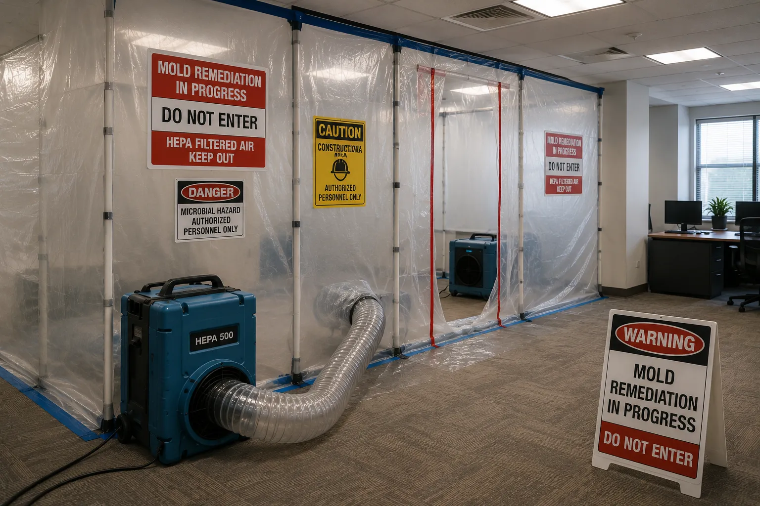 Containment and negative air pressure being used in a commercial property