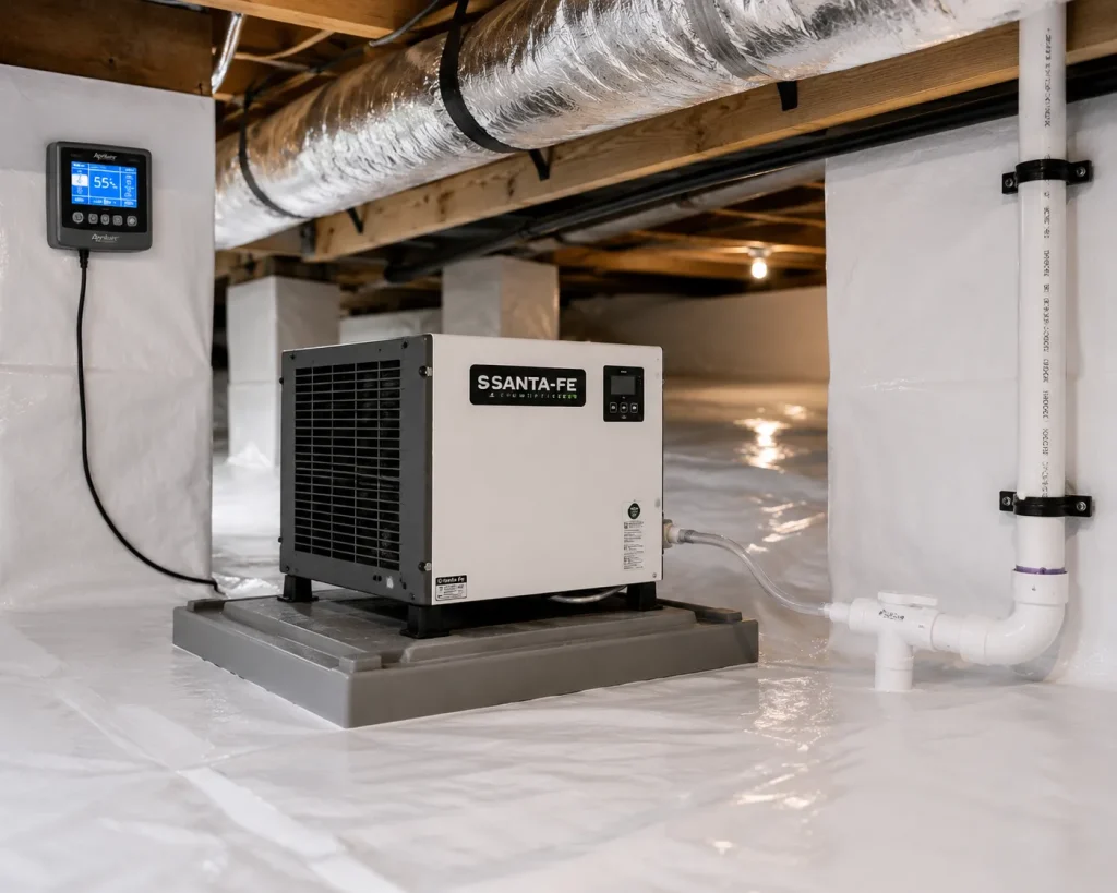 An installed crawlspace dehumidifier