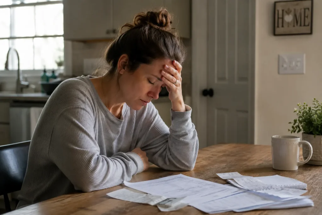 A omeowner struggling with CIRS with head in hand at their kitchen table