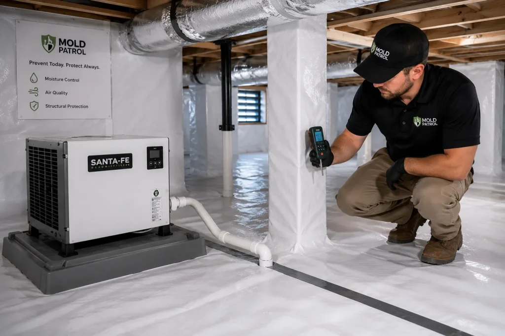 Examples of moisture control in a crawlspace: vapor barrier, dehumidifier and moisture assessments
