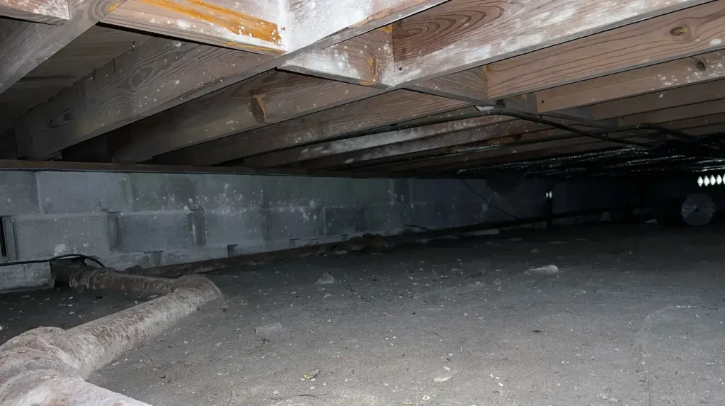 Significant white mold growth in a crawlspace
