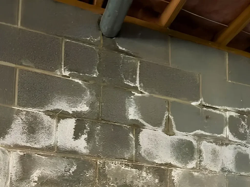 Mold growth on concrete blocks after a ceiling pipe leaked
