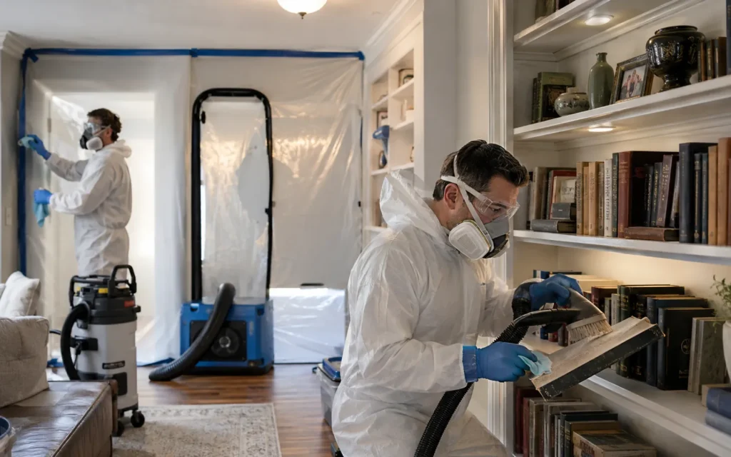 The Mold Patrol team undertaking a CIRS-informed mold remediation job, carefully cleaning items in a contained space.
